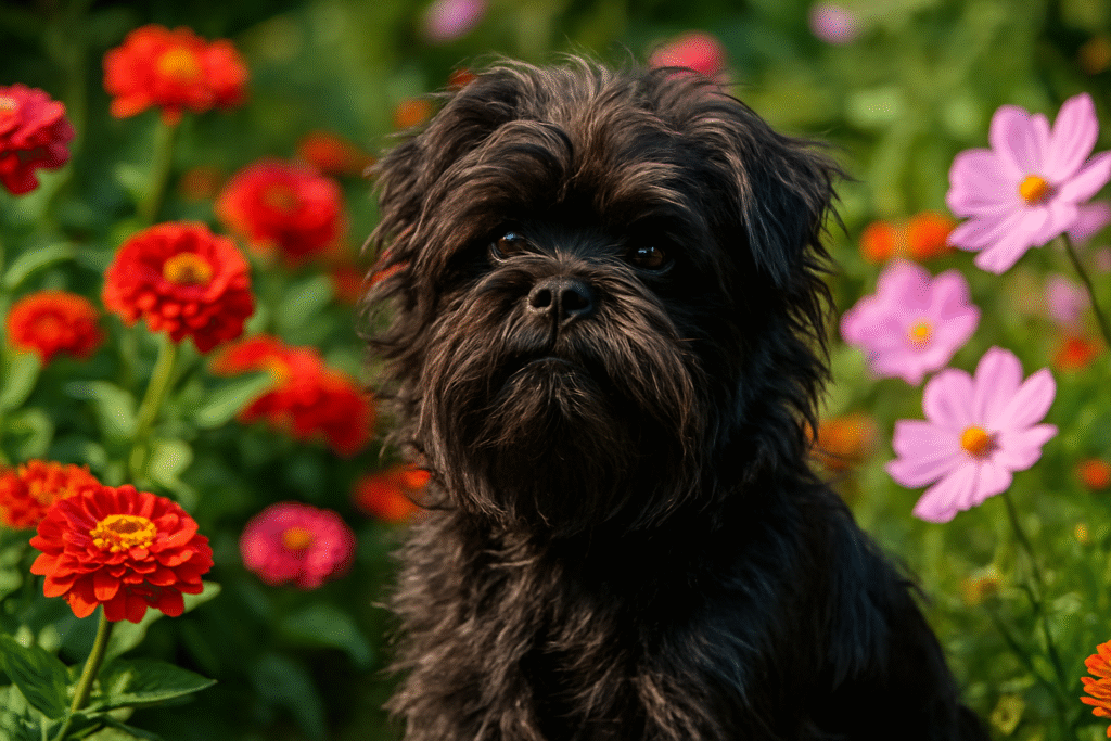 Affenpinscher dog in a flower garden
