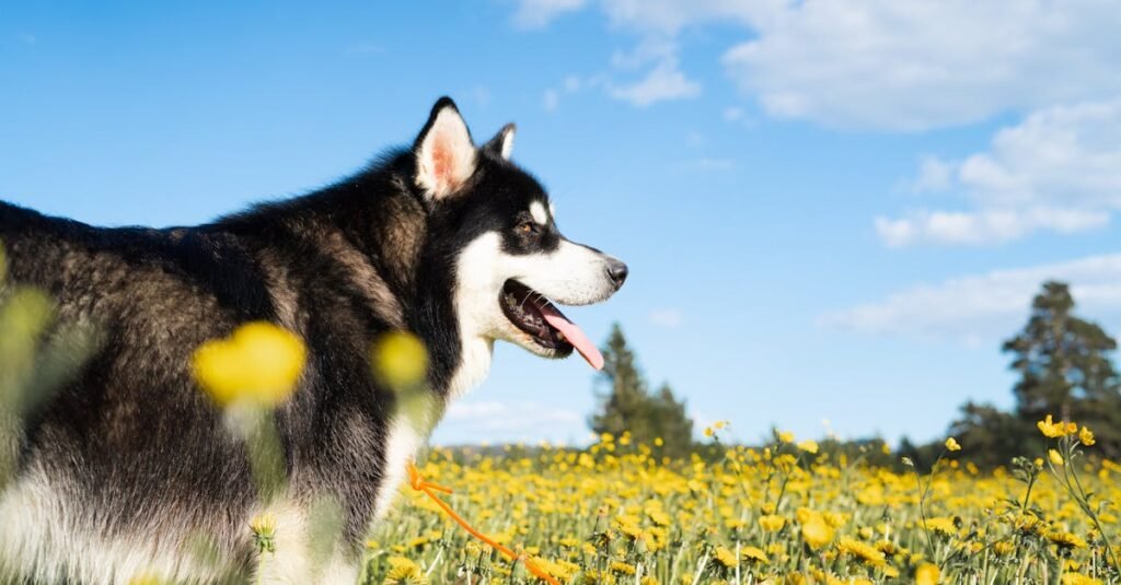 Siberian Husky enjoying a sunny day in a colorful flower field in Norway.