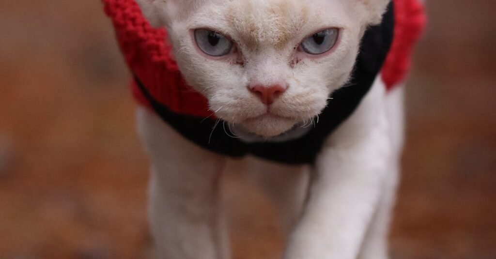 A stylish Devon Rex cat in a red sweater confidently walking on a leash outdoors.